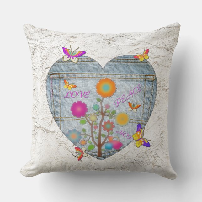 Denim Pocket Heart Flowers Butterflies Cushion (Front)