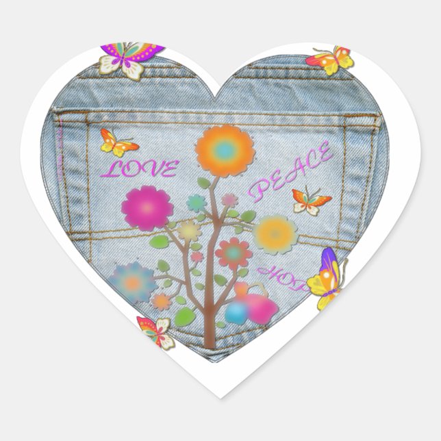 Denim Pocket Heart Flowers Butterflies Heart Sticker (Front)