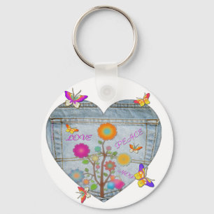 Denim Pocket Heart Flowers Butterflies Key Ring
