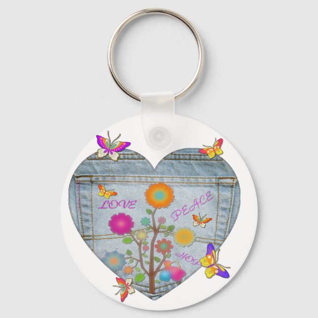 Denim Pocket Heart Flowers Butterflies Key Ring (Front)