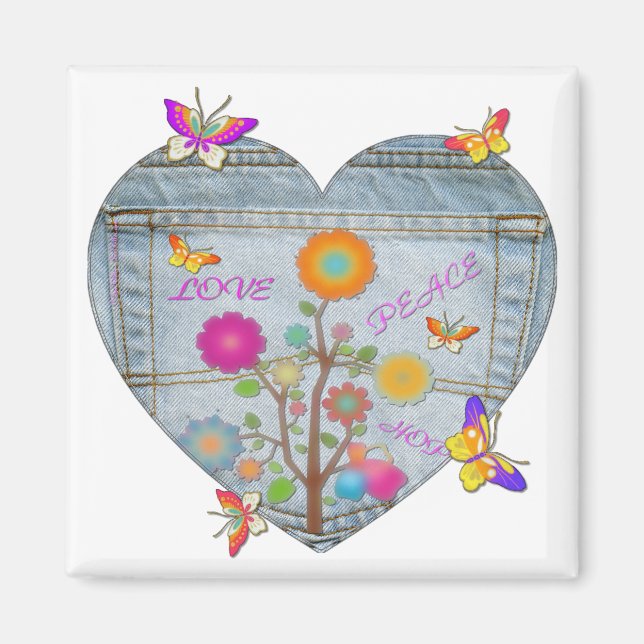 Denim Pocket Heart Flowers Butterflies Magnet (Front)