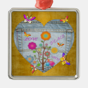 Denim Pocket Heart Flowers Butterflies Metal Ornam Metal Tree Decoration