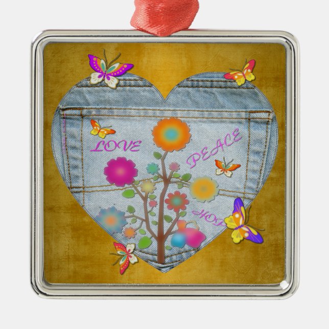 Denim Pocket Heart Flowers Butterflies Metal Ornam Metal Tree Decoration (Front)