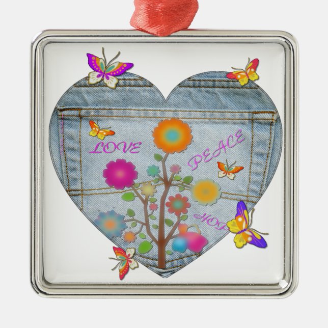 Denim Pocket Heart Flowers Butterflies Metal Tree Decoration (Front)