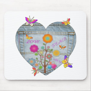 Denim Pocket Heart Flowers Butterflies Mouse Mat