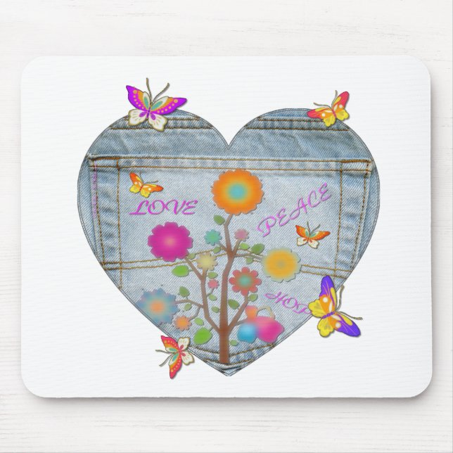 Denim Pocket Heart Flowers Butterflies Mouse Mat (Front)