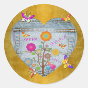 Denim Pocket Heart Flowers Butterflies on Gold Classic Round Sticker