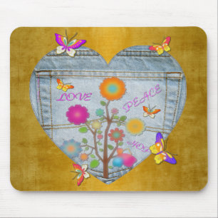 Denim Pocket Heart Flowers Butterflies on Gold Mouse Mat