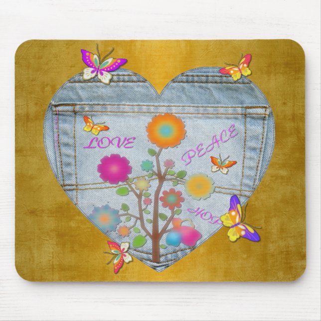 Denim Pocket Heart Flowers Butterflies on Gold Mouse Mat (Front)