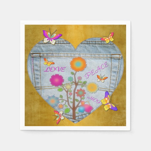 Denim Pocket Heart Flowers Butterflies on Gold Napkin (Front)