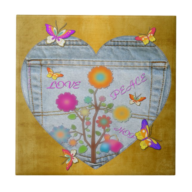 Denim Pocket Heart Flowers Butterflies on Gold Tile (Front)