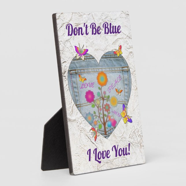 Denim Pocket Heart Flowers Butterflies Plaque (Side)