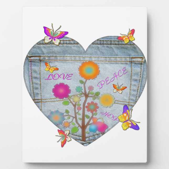 Denim Pocket Heart Flowers Butterflies Plaque (Front)