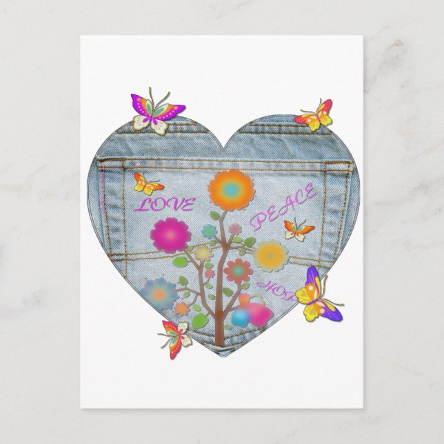 Denim Pocket Heart Flowers Butterflies Postcard (Front)