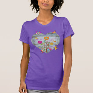 Denim Pocket Heart Flowers Butterflies Purple T-Shirt