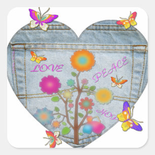 Denim Pocket Heart Flowers Butterflies Square Sticker