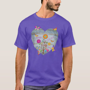 Denim Pocket Heart Flowers Butterflies T-Shirt