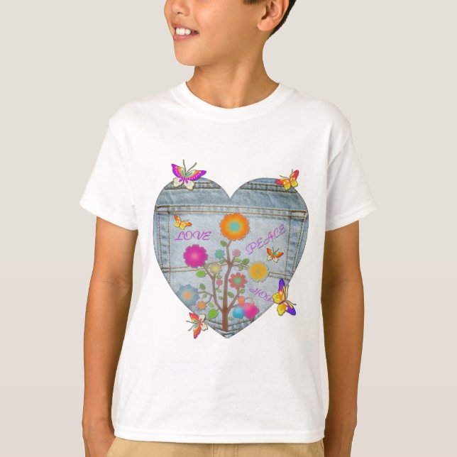 Denim Pocket Heart Flowers Butterflies T-Shirt (Front)