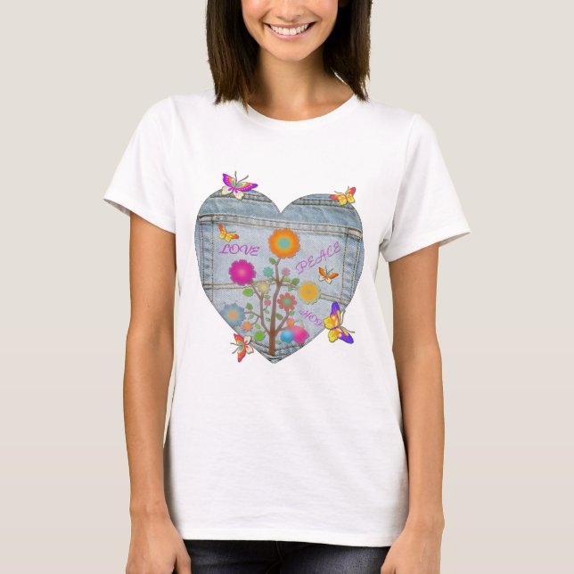 Denim Pocket Heart Flowers Butterflies T-Shirt (Front)