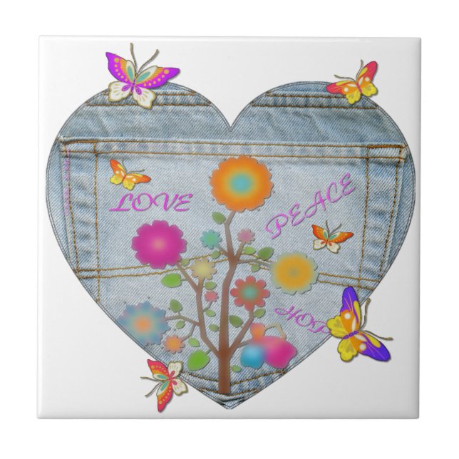 Denim Pocket Heart Flowers Butterflies Tile (Front)