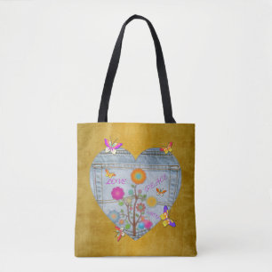 Denim Pocket Heart Flowers Butterflies Tote Bag