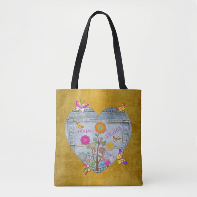 Denim Pocket Heart Flowers Butterflies Tote Bag (Front)