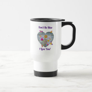 Denim Pocket Heart Flowers Butterflies  Travel Mug
