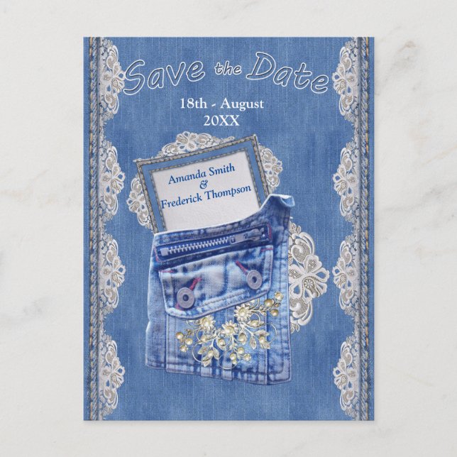 Denim Pocket with Cream Flower Lace Announcement Postcard (Front)