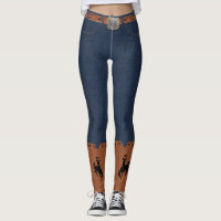 Denim Print Leggings Belt And Cowboy Boots Bronc