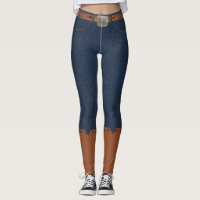 Denim Print Leggings Faux Belt And Cowboy Boots