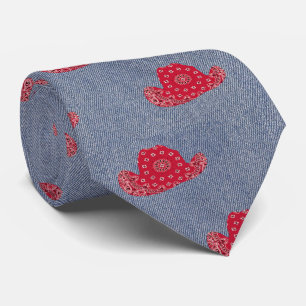 Denim Print With Red Bandanna Cowboy Hats Western Tie