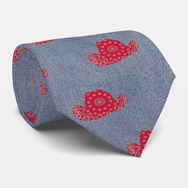 Denim Print With Red Bandanna Cowboy Hats Western Tie (Rolled)