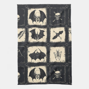Denim Quilt with Bats and Skeletons Tea Towel