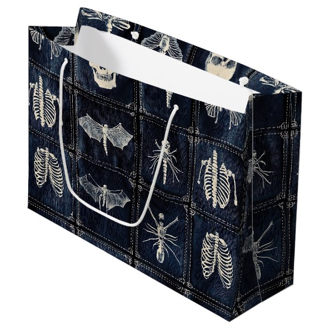 Denim Quilt with Skulls & Insects Large Gift Bag (Front Angled)