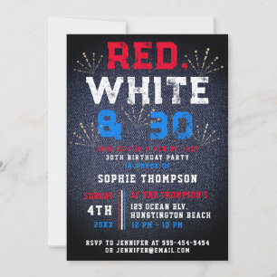 Denim Red White July 4th Patriotic 30th Birthday Invitation