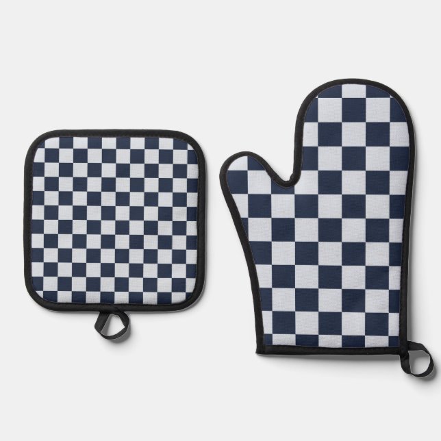 Denim rinse checkerboard pattern oven mitt & pot holder set (Front)