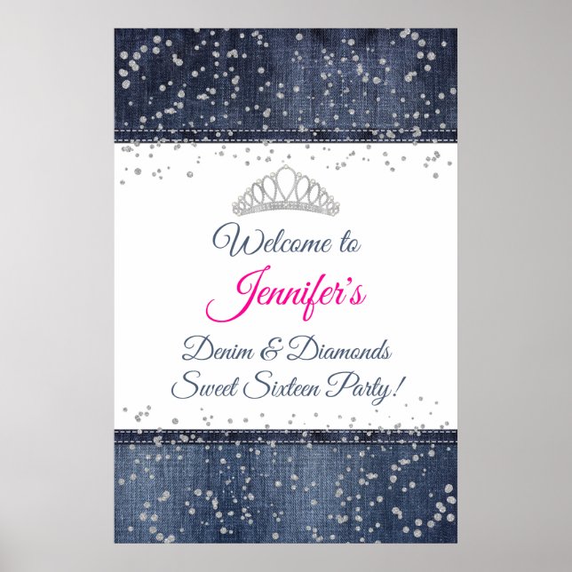 Denim, Silver Confetti, Diamond Tiara Welcome Sign (Front)