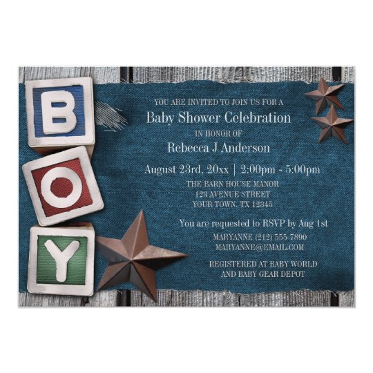 Denim, Stars, & Blocks Country Boy Baby Shower Card
