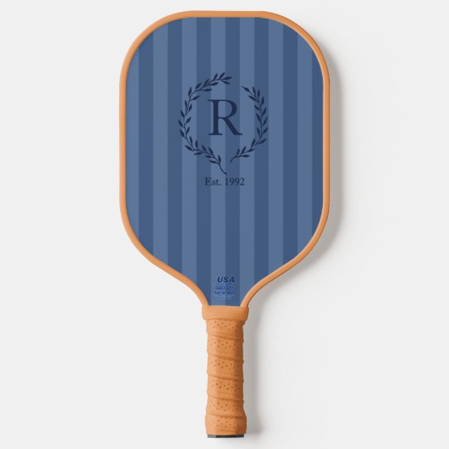 Denim Stripes Monogram Est. Year Preppy Pickleball Paddle (Front)