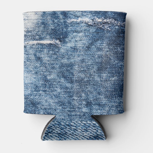 Denim texture: blue jeans background. can cooler (Front)