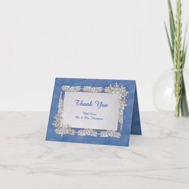 Denim Texture Ivory-pearls and Lace Thank You Card (Front)