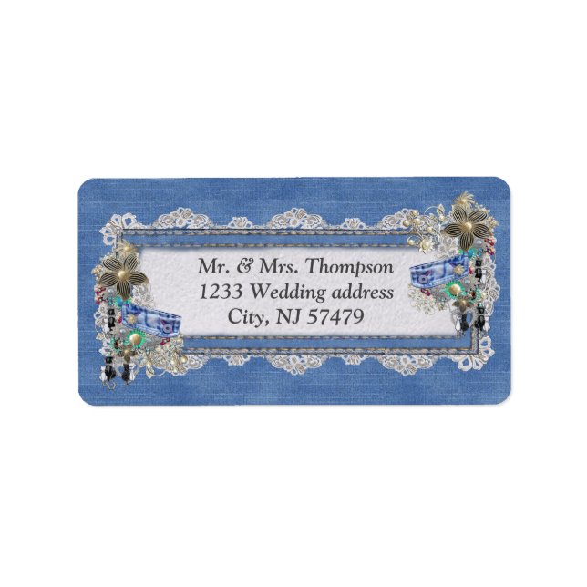 Denim Textured Lace and Costume Jewelry Label (Front)