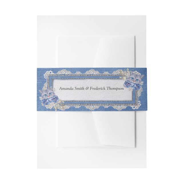 Denim Textured Lace and Kittens Invitation Belly Band (Front Example)