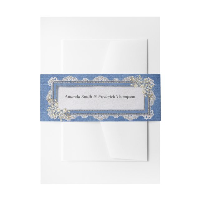 Denim Textured Lace and Pearls Invitation Belly Band (Front Example)