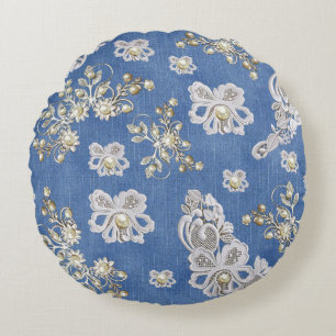 Denim Textured Lace and Pearls Round Cushion