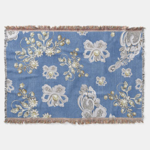 Denim Textured Lace and Pearls Throw Blanket