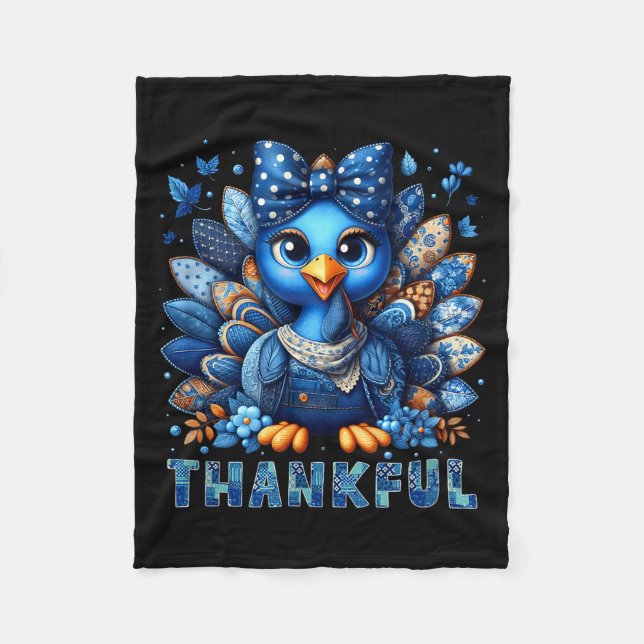 Denim Thankful Turkey Grandma Mama Mom Give Thanks Fleece Blanket (Front)
