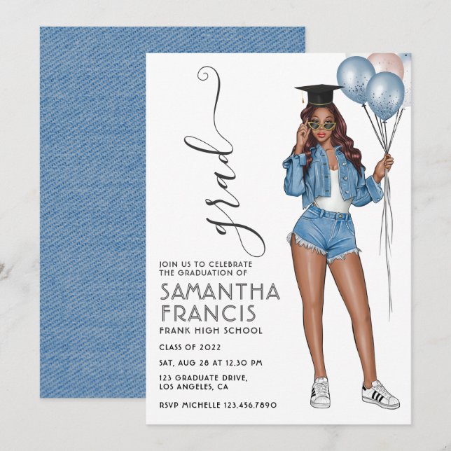 Denim themed Girl Graduation Party Invitation (Front/Back)
