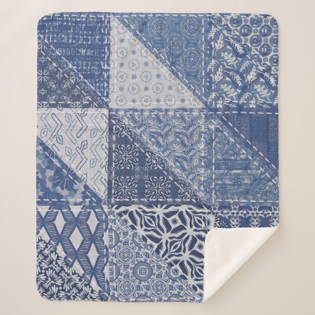 Denim Triangle Patchwork Vintage Texture. Sherpa Blanket (Front)