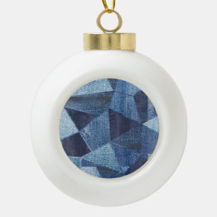 Denim Urban: Distressed Striped Patchwork. Ceramic Ball Christmas Ornament